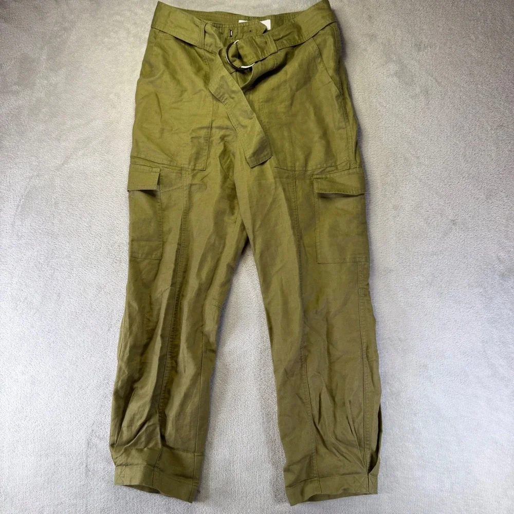 Quince Organic Cotton Linen Cargo Pants Olive Green Belted Utility Trousers XS